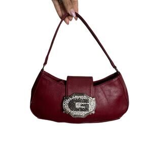 Vintage Y2K Guess Burgundy Baguette Bag | Rhinestone G Buckle Shoulder Bag